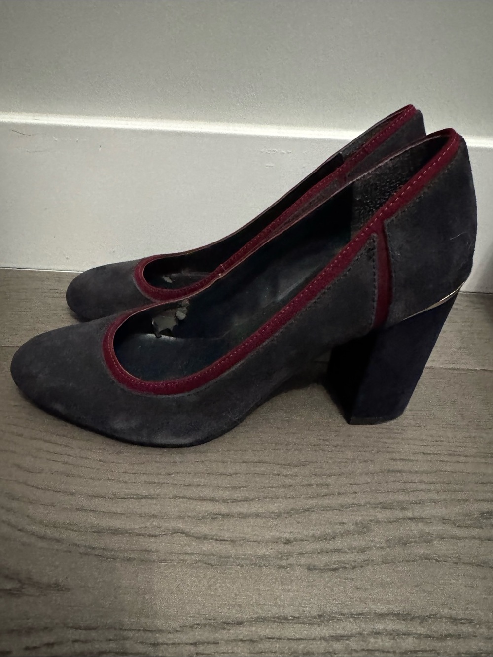 Tommy Hilfiger Gray Suede Block Heels with Burgundy Trim
